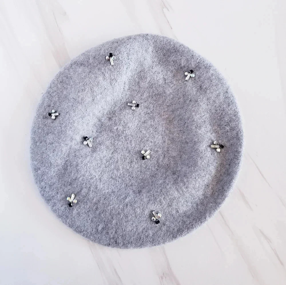 Chico's Rhinestone Bee Beret Hat Gray Grey Slate One Size Wool Blend